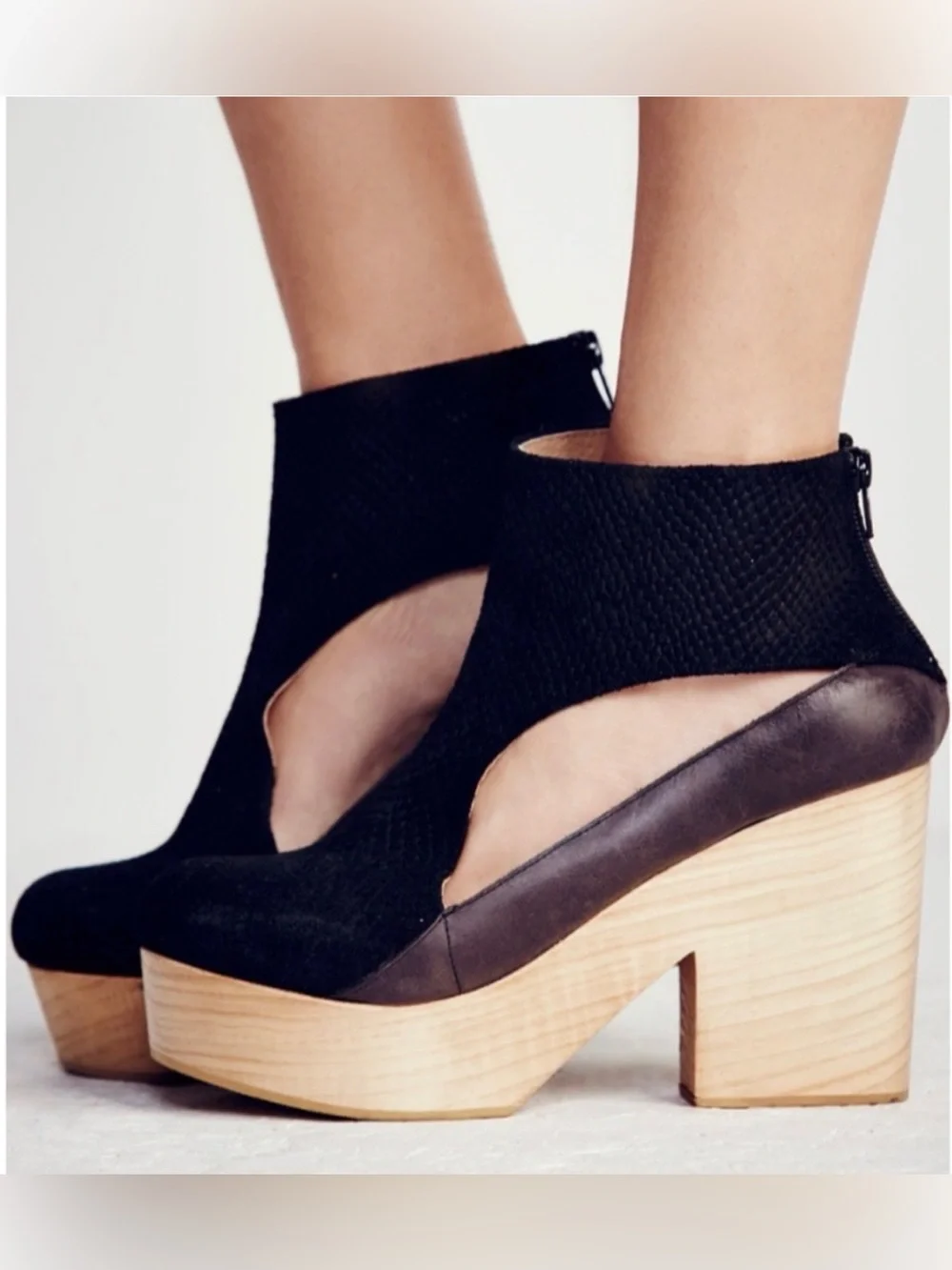 Free People Horizon Wood Clog Cutout Platform Heel Sandals Black EU 39 US 9